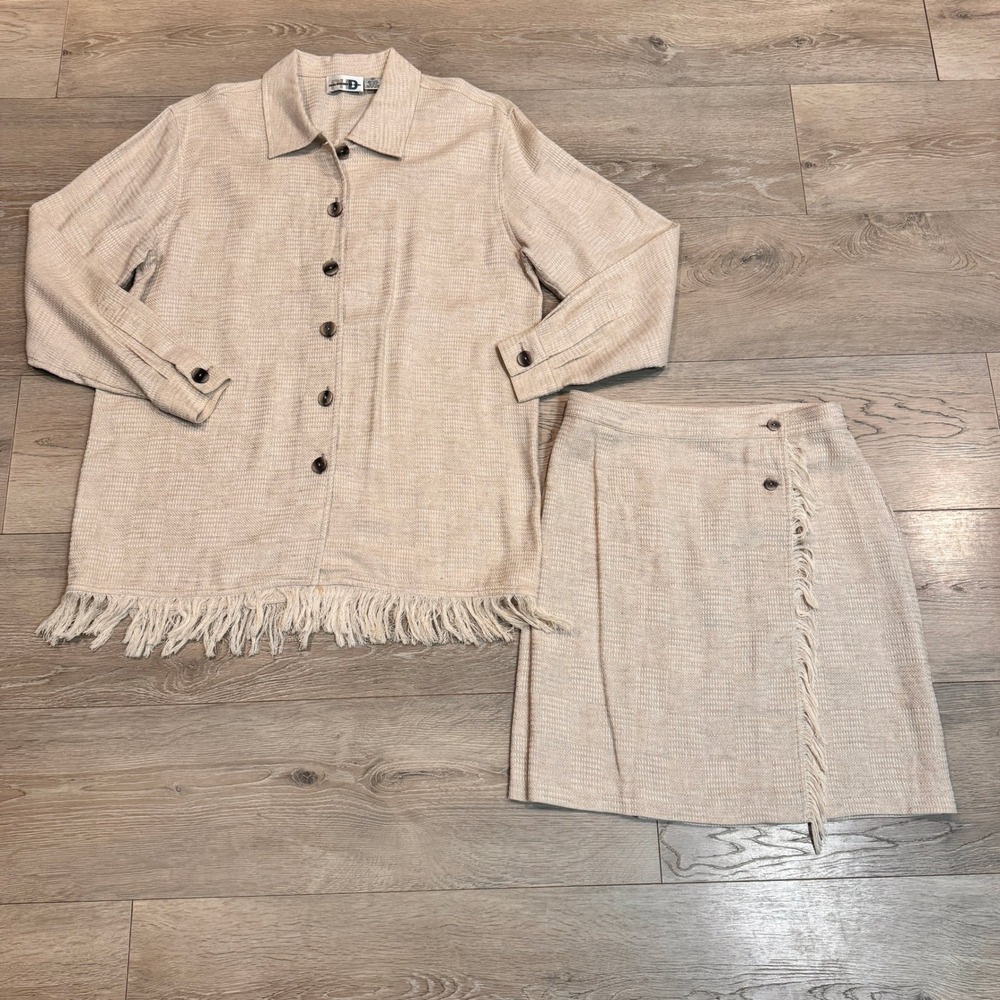 Paul Harris Design Linen‎ Beige Fringe Skirt Suit Set Top - Small Bottom - 10